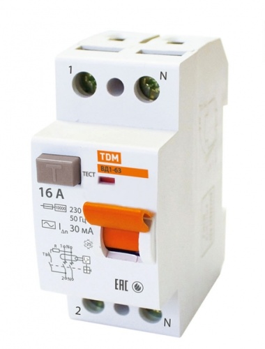 Выключатель дифференциальный (УЗО) ВД1-63 2п 16А 30мА тип AC | код. SQ0203-0004 | TDM